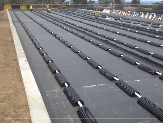 A large area with many rows of black plastic pipes.