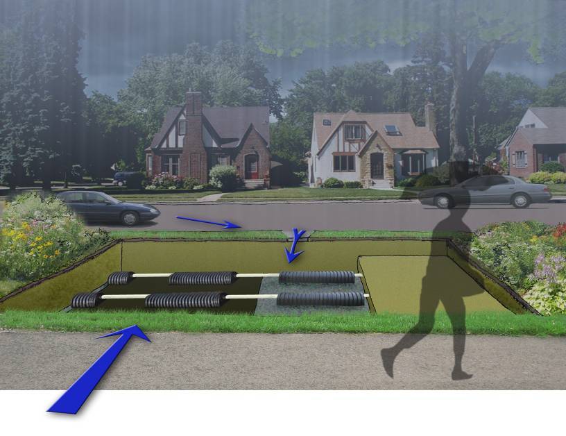 A person walking in the rain with a blue arrow pointing to it.