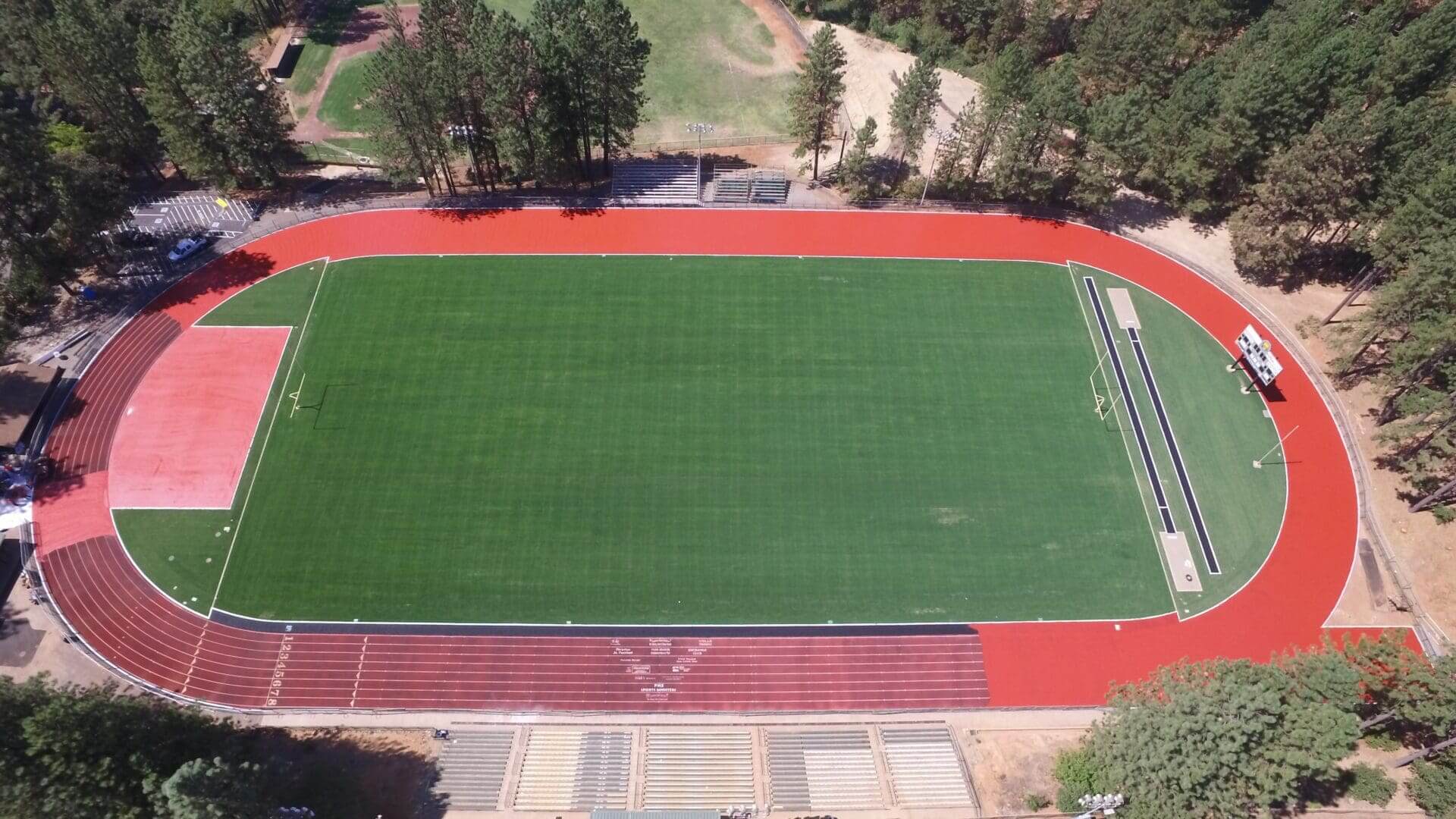 Aerial view of a sports track and field.